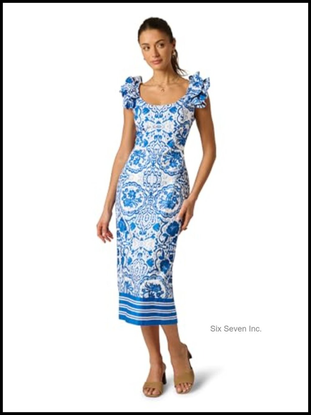 Cotton Floral Ruffle Sleeve Midi Dress with Back Slit